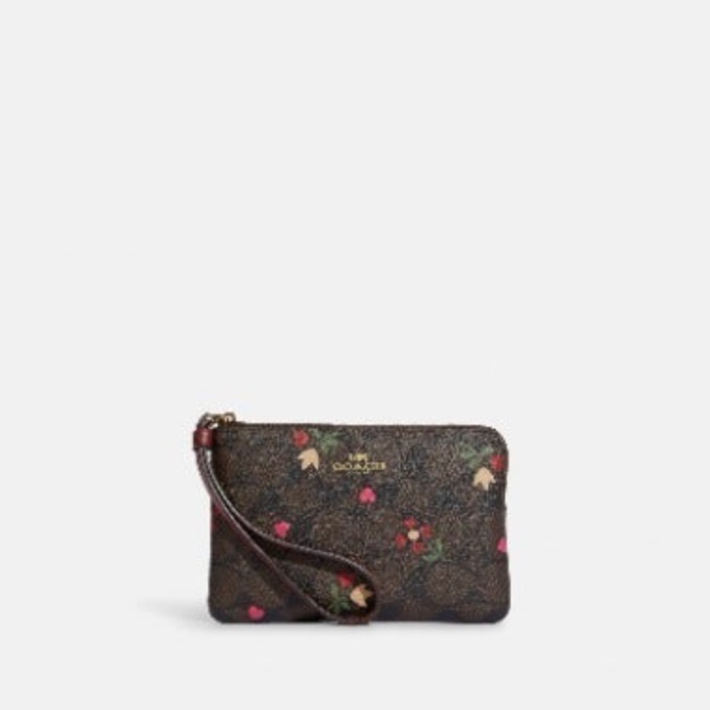 Corner Zip Wristlet In Signature Canvas With Heart Petal Print
